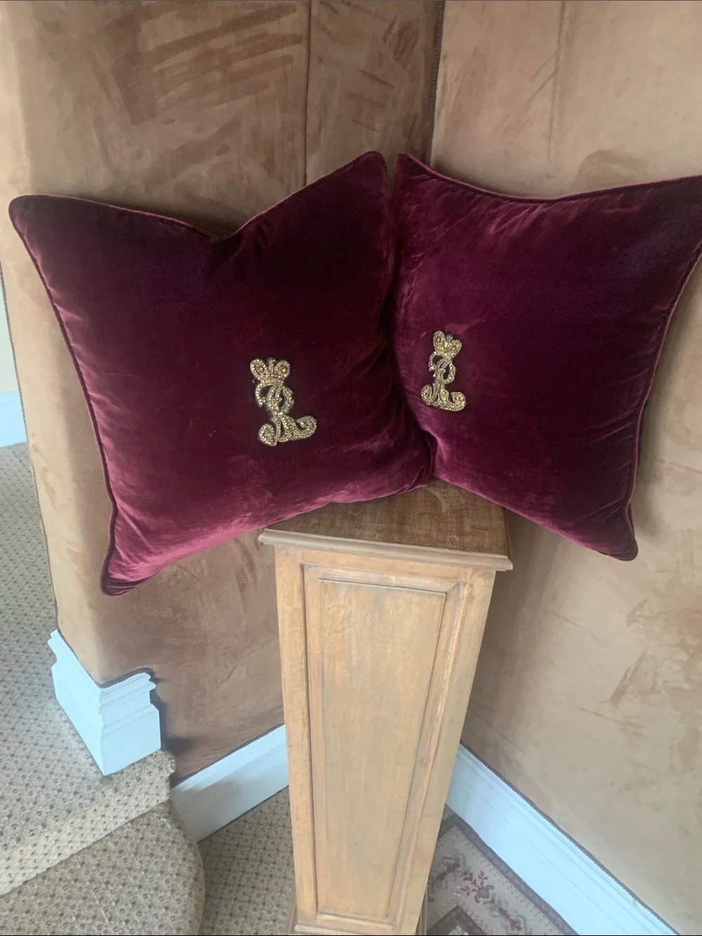 Ralph Lauren Wine Velvet Pillows with Gold Crest
